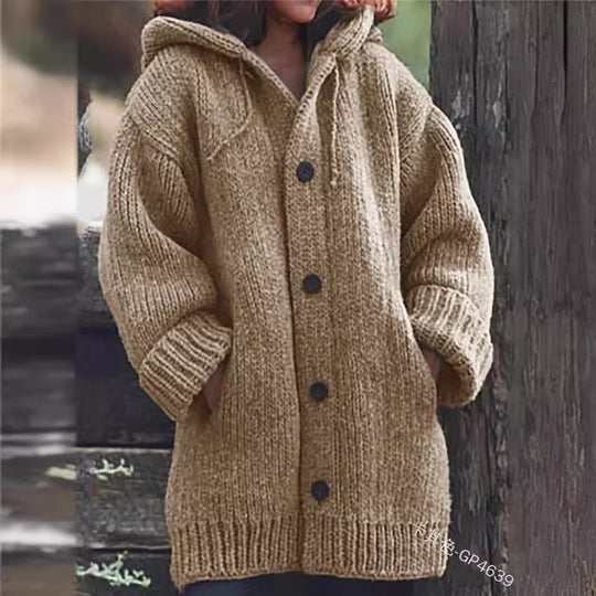 Damen weit geschnittener Kapuzen-Strickmantel mit Knopfleiste und Eingrifftaschen Shop Nory