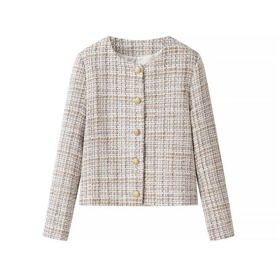 Damen Kurzjacke aus Bouclé‑Tweed mit rundem Ausschnitt und dekorativen Goldknöpfen Shop Nory