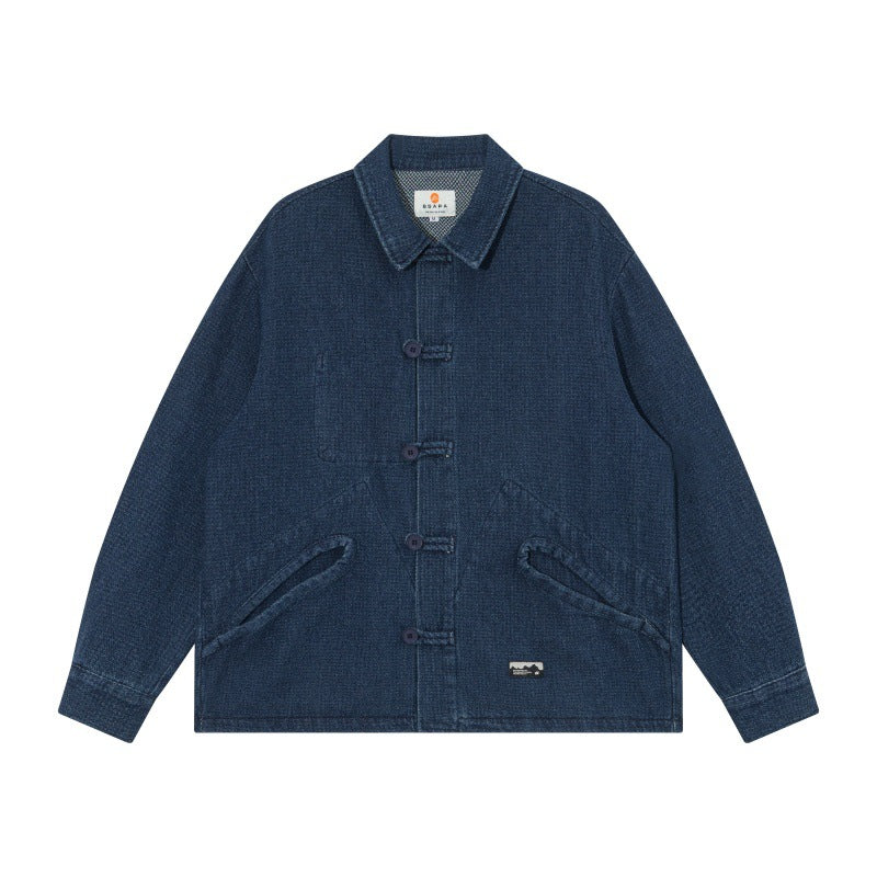 Herren Kurz geschnittene Denim-Chorejacke im Boxy-Blousonstil mit chinesischer Knebelknopfleiste Shop Nory