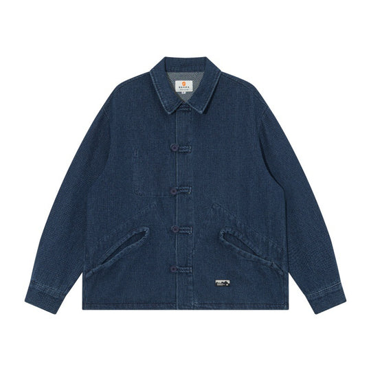 Herren Kurz geschnittene Denim-Chorejacke im Boxy-Blousonstil mit chinesischer Knebelknopfleiste Shop Nory