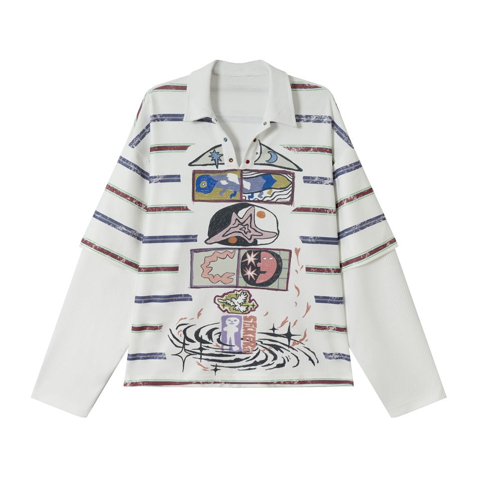 Damen Waffel-Polo-Shirt mit Grafik-Print, Streifen und halber Druckknopfleiste Shop Nory