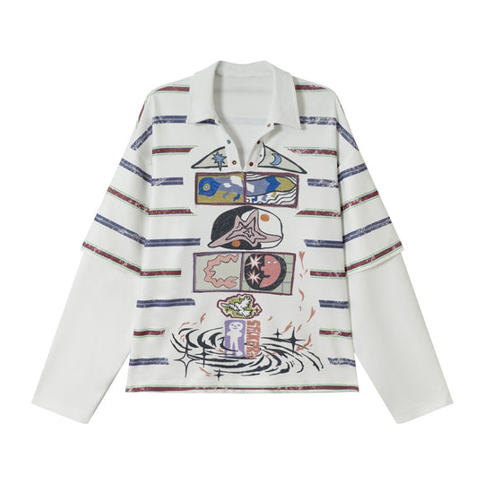 Damen Waffel-Polo-Shirt mit Grafik-Print, Streifen und halber Druckknopfleiste Shop Nory