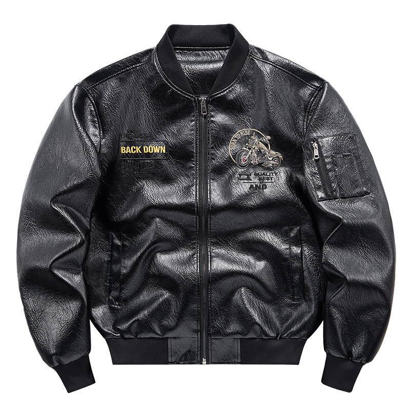 Herren Kunstleder‑Bomberjacke mit wärmender Fleece‑Innenfütterung, Motorrad‑Stickerei und Ärmeltasche Shop Nory