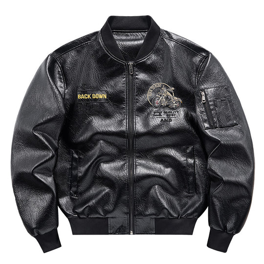 Herren Kunstleder‑Bomberjacke mit wärmender Fleece‑Innenfütterung, Motorrad‑Stickerei und Ärmeltasche Shop Nory