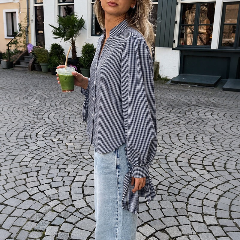 Damen Locker geschnittene Vichy-Karo-Bluse mit Stehkragen, Knopfleiste und Bindemanschetten Shop Nory