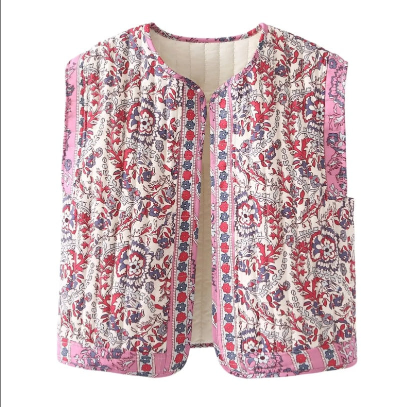 Damen Gesteppte Weste mit Floralem Design und Praktischen Taschen