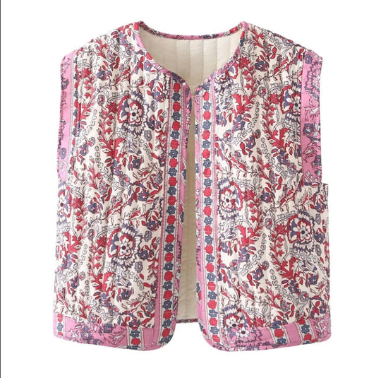 Damen Gesteppte Weste mit Floralem Design und Praktischen Taschen