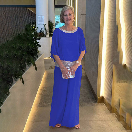 Damen Elegantes Zweiteiliges Abendensemble mit Chiffon-Cape, Paillettenbesatz und Palazzo-Hose Shop Nory