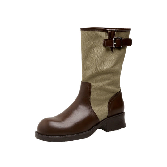 Damen Mid-Calf Stiefel aus Glattleder und Canvas mit Zier-Schnallenriemen Shop Nory
