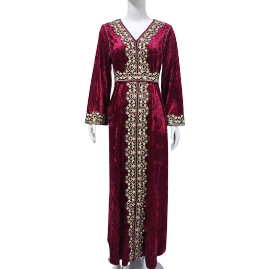 Damen Samt‑Maxikleid im Kaftanstil mit bestickter Mittelblende und Taillengürtel Shop Nory