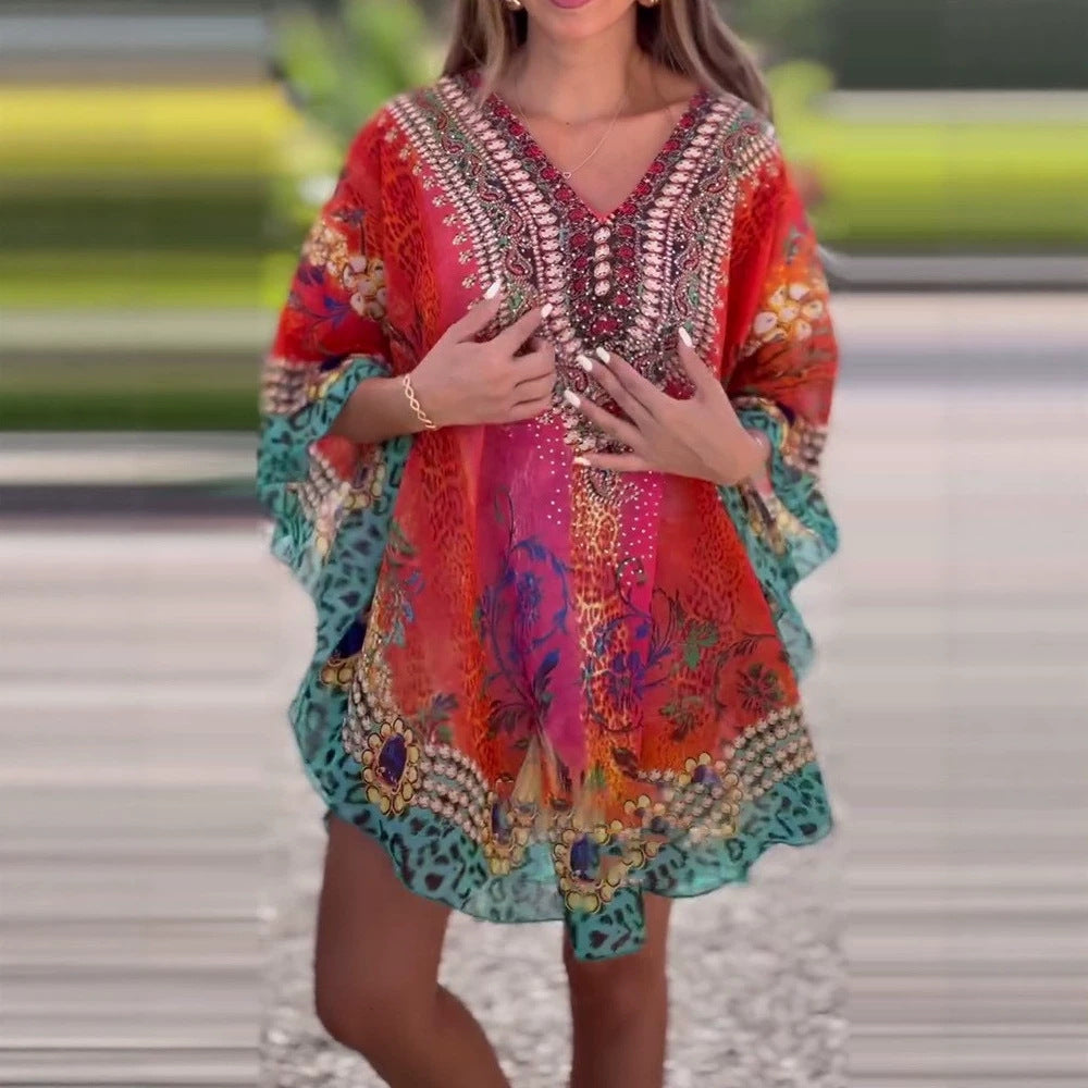 Damen nan kurzes Tunika-Kaftan mit verziertem V-Ausschnitt und floral-animalischer Bordüre