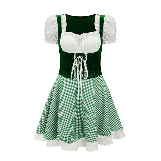 Damen nan bayerisch inspiriertes Mini-Dirndl mit geschnürtem Mieder, Puffärmeln und Vichykaro-Rock Shop Nory