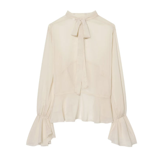 Damen Transparente Chiffonbluse mit Volant-Rücken und Glockenärmeln Shop Nory