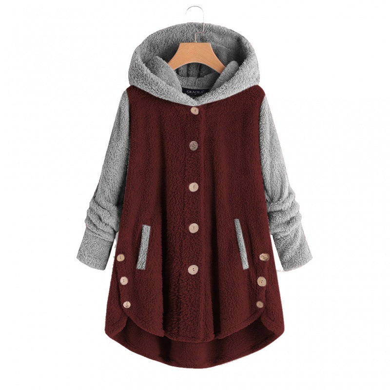 Damen Oversized Teddy-Mantel mit Kapuze, asymmetrischem Zipfelsaum und Holzknopf-Leiste Shop Nory
