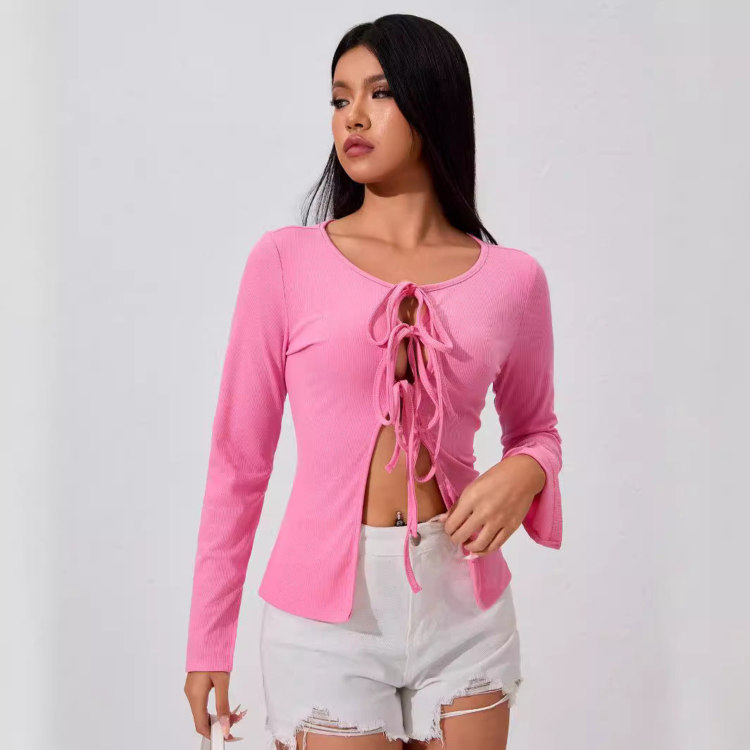 Damen geripptes Longsleeve-Top mit mehrfachem Front-Schnürdetail, Cut-Outs und taillierter Passform Shop Nory
