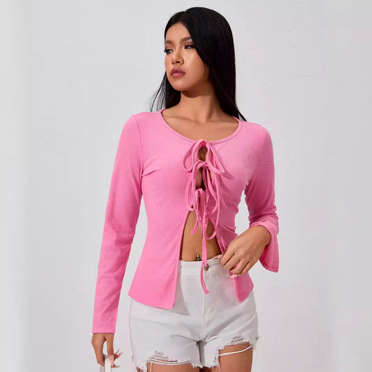 Damen geripptes Longsleeve-Top mit mehrfachem Front-Schnürdetail, Cut-Outs und taillierter Passform Shop Nory