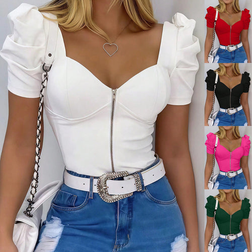 Damen Figurbetontes Corsagen-Top mit herzförmigem Ausschnitt, Puffärmeln und Frontreißverschluss Shop Nory