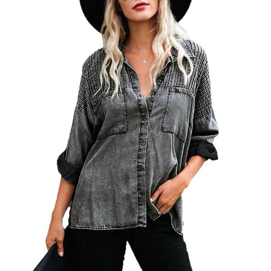 Damen Oversize-Denimbluse mit gesteppter Passe, Knopfleiste und aufgesetzten Brusttaschen Shop Nory