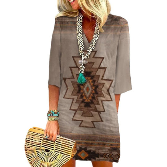 Damen Boho Tunika Kleid mit V-Ausschnitt, 3/4 Ärmeln und geometrischem ethnischem Druck Shop Nory