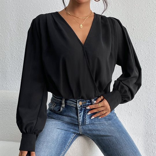 Damen Leichte Wickelbluse mit V-Ausschnitt, gerafften Schultern & Ballonärmeln Shop Nory