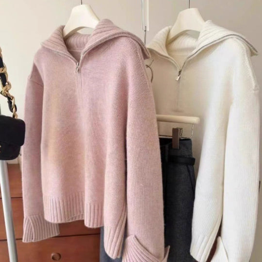 Damen Oversize Feinstrickpullover mit halbem Reißverschluss und weitem Rollkragen Shop Nory