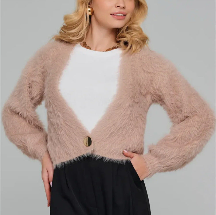 Damen Kurze flauschige Kunstfell-Cardigan mit offenem Schnitt und Raglanärmeln Shop Nory