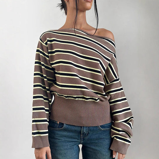 Damen Feinstrick-Boatneck-Pullover mit asymmetrischem Schulterfall, breitem Rippbund und lässigen Ballonärmeln Shop Nory