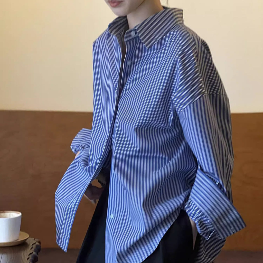 Damen Oversized Langarm Hemdbluse mit vertikalen Streifen und weiter Passform Shop Nory
