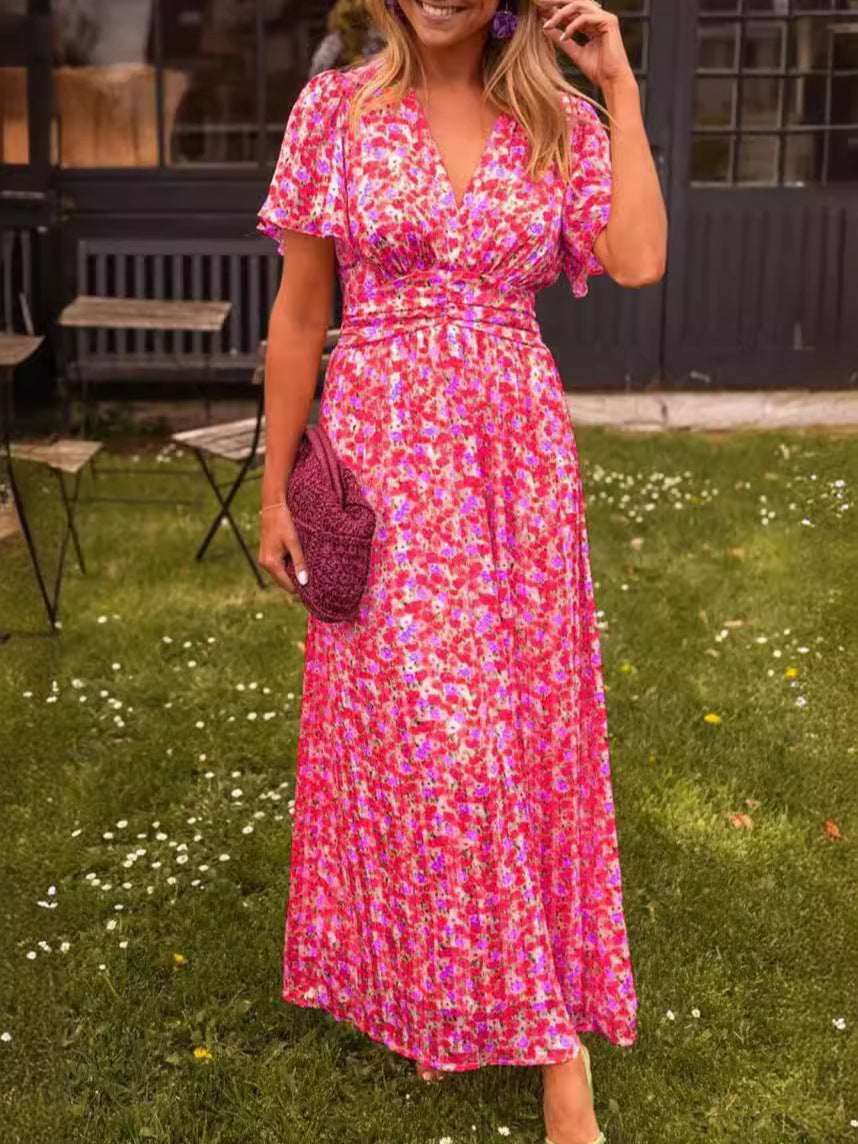 Damen Maxikleid mit floralem Muster und raffinierten Ärmeln