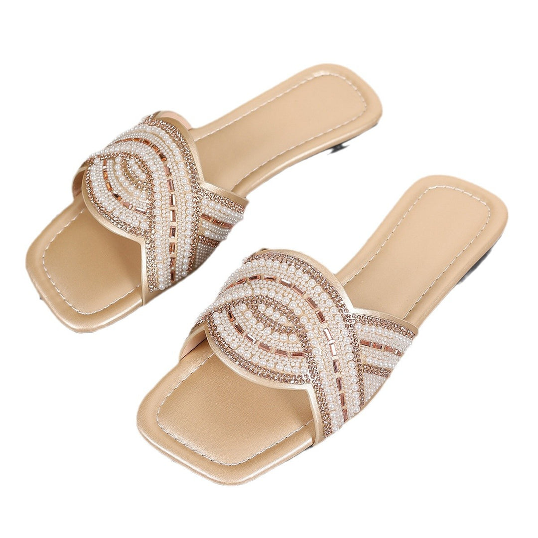 Damen Verzierte Perlen- und Strass-Slides mit quadratischer Zehenbox und flacher Sohle Shop Nory