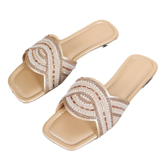 Damen Verzierte Perlen- und Strass-Slides mit quadratischer Zehenbox und flacher Sohle Shop Nory
