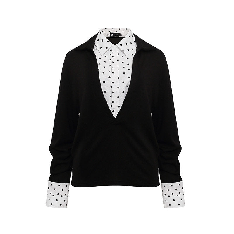 Damen Lagen-Langarmshirt mit tiefem V-Ausschnitt, angenähter Hemdblende und Polka-Dot-Details Shop Nory