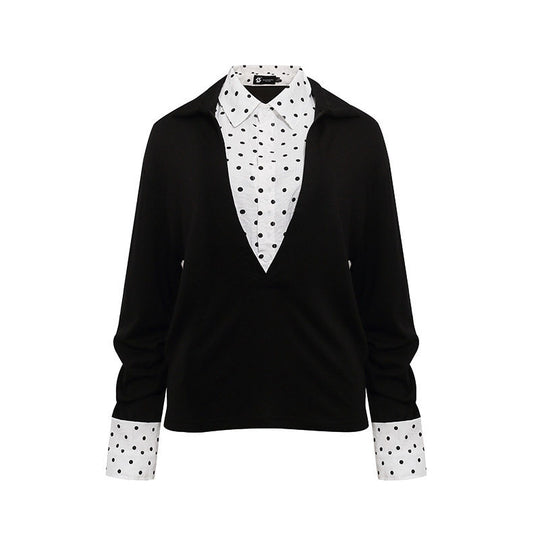 Damen Lagen-Langarmshirt mit tiefem V-Ausschnitt, angenähter Hemdblende und Polka-Dot-Details Shop Nory