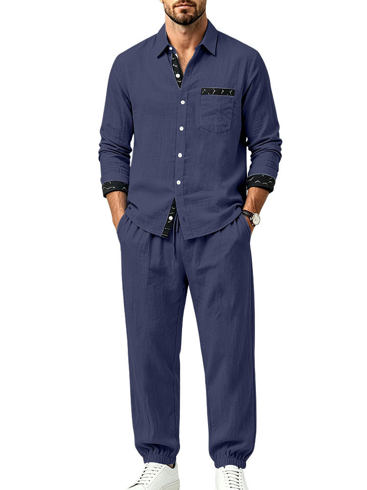 Herren Leichter Baumwoll-Loungewear-Zweiteiler mit Hemd und Kordel-Jogger Shop Nory
