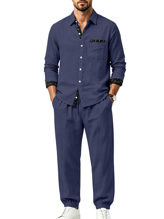 Herren Leichter Baumwoll-Loungewear-Zweiteiler mit Hemd und Kordel-Jogger Shop Nory