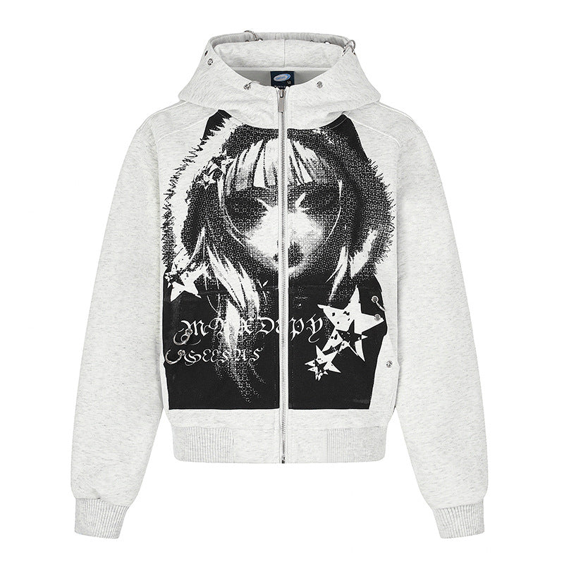 Damen Kapuzen‑Sweatjacke mit fotorealistischem Manga‑Frontprint, Fleece‑Futter und durchgehendem Reißverschluss Shop Nory