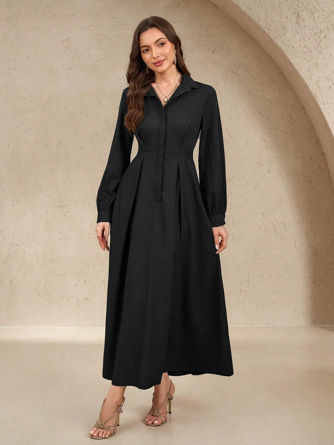 Damen nan langes Hemdblusenkleid mit Taillengürtel, verdeckter Knopfleiste und ballonärmeln Shop Nory