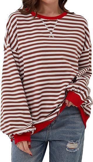 Damen Lässiges Oversize-Streifen-Sweatshirt mit Raglanärmeln und Kontrastbündchen Shop Nory