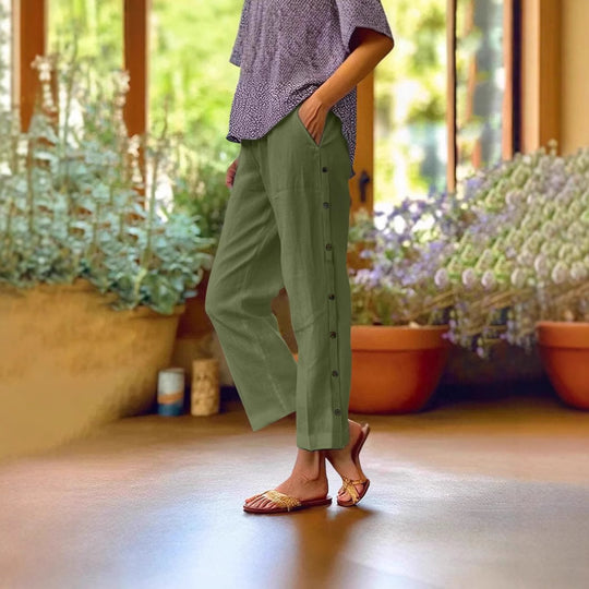 Damen Leichte Leinenmix-Hose mit seitlicher Knopfleiste und geradem Cropped-Schnitt Shop Nory