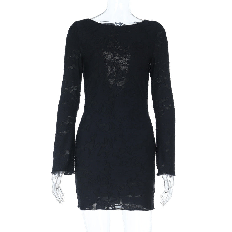 Damen körpernahes Spitzen-Minikleid mit floraler Transparenz und Rundhalsausschnitt Shop Nory