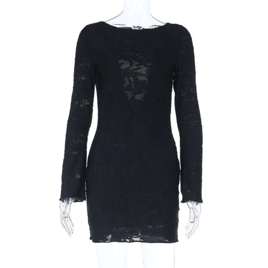 Damen körpernahes Spitzen-Minikleid mit floraler Transparenz und Rundhalsausschnitt Shop Nory