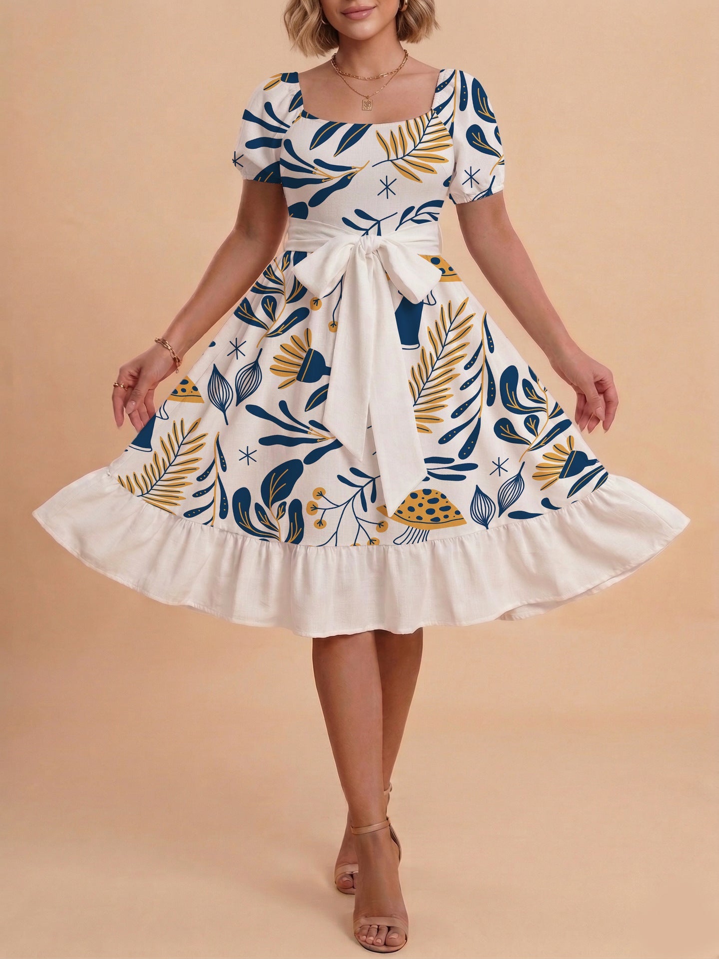 Damen Sommerliches Blumenkleid mit taillierbarem Gürtel und voluminösen Ärmeln