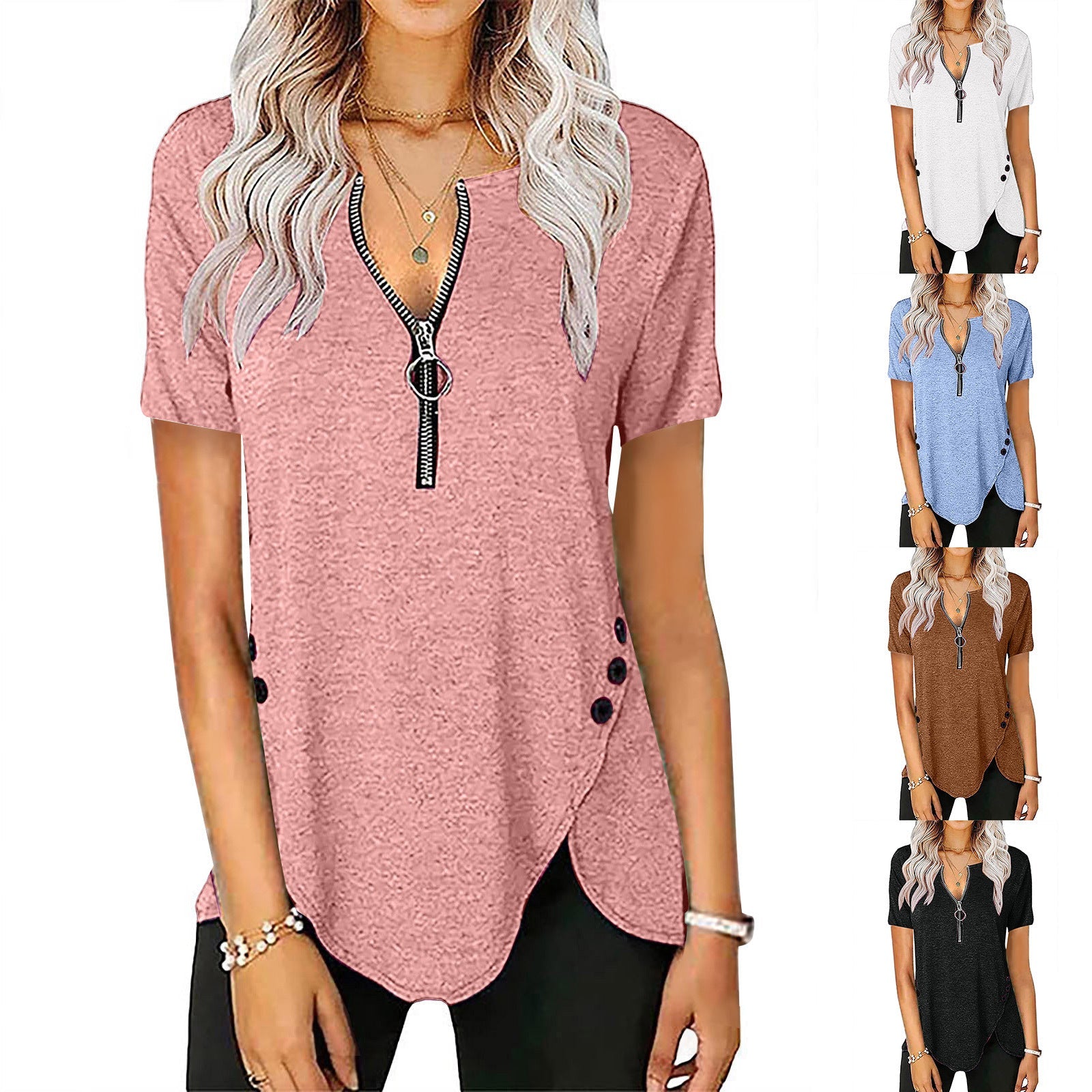 Damen Kurzarmshirt mit asymmetrischem Saum und Reißverschluss