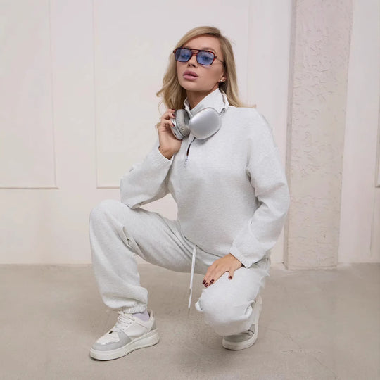 Damen weiches Lounge-Set mit halbem Reißverschluss, Kordelzughose und elastischen Bündchen Shop Nory