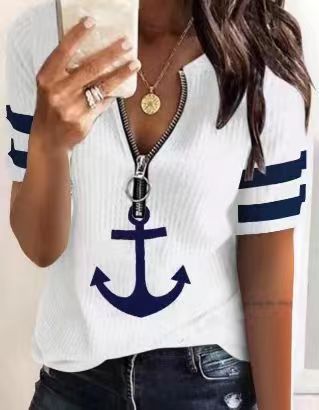 Damen maritim inspirierter Kurzarm Pullover mit Reißverschluss und Anker-Motiv