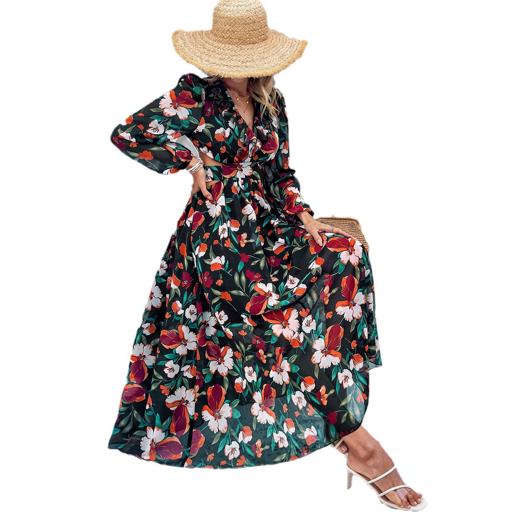 Damen nan luftig-fließendes Chiffon-Maxikleid mit Taillen-Cutouts, Rüschen-V-Ausschnitt und langen, transparenten Ärmeln Shop Nory