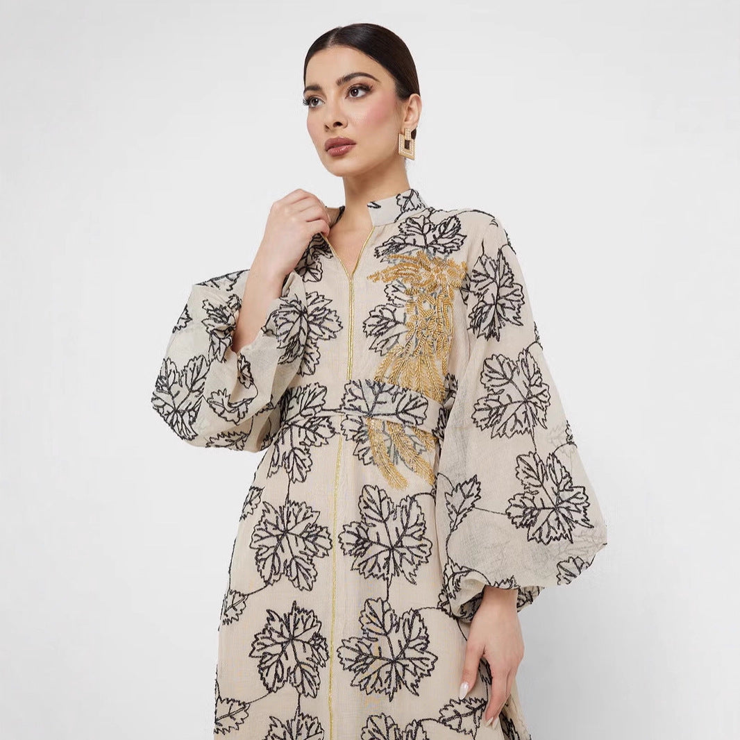 Damen Besticktes Maxikleid im Kaftan-Stil mit Reißverschluss, Taillengürtel und Ballonärmeln Shop Nory