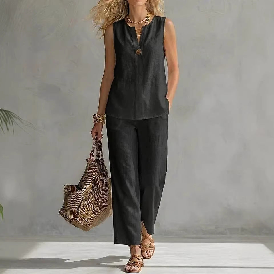 Damen Lässiges zweiteiliges Set mit ärmelloser Bluse und modischen Hosen Shopnory