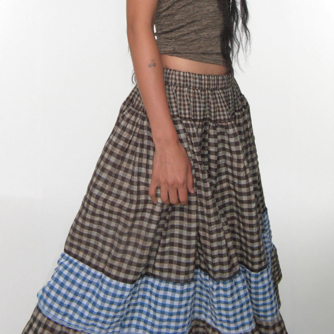 Damen nan mehrlagiger Baumwoll-Stufenrock mit elastischem Taillenbund, kontrastierendem Gingham-Band und Volant Shop Nory