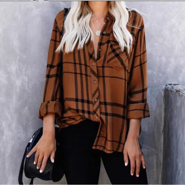 Damen Oversize-Hemdbluse mit Karomuster, Brusttasche und umkrempelbaren Ärmeln Shop Nory